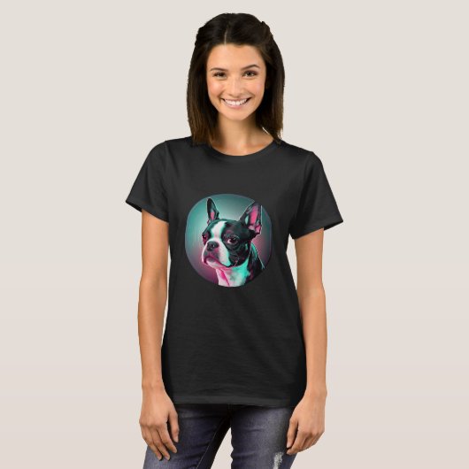 Boston Terrier Synthwave 80s Retrowave Aesthetic T-shirt (Voorkant volledig)