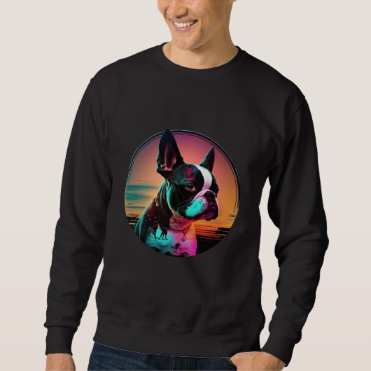 Boston Terrier Synthwave 80s Retrowave Aesthetic Trui (Voorkant)