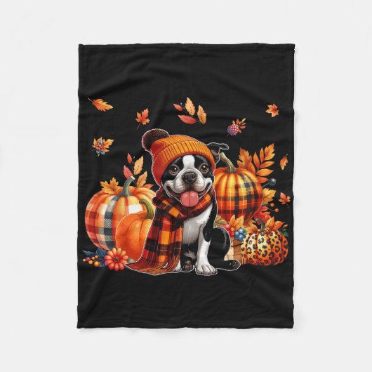 Boston Terrier Thanksgiving Leopard Pumpkins Herfs Fleece Deken (Voorkant)