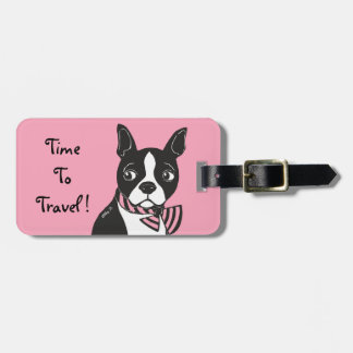 Boston Terrier Time to Travel Pink Bagagelabel