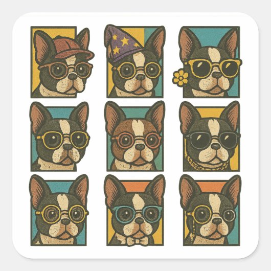 Boston Terrier Trendsetters Vierkante Sticker (Voorkant)