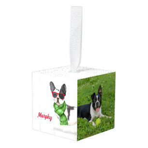 Boston Terrier Two Photo Holiday Cube Ornament
