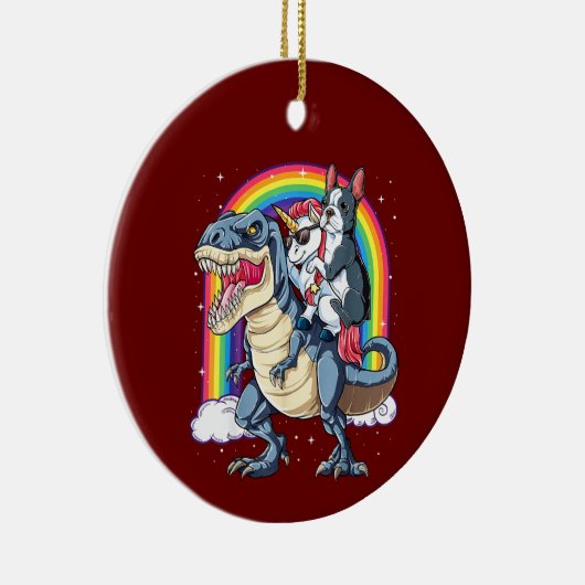 Boston Terrier Unicorn Riding Dinosaur Keramisch Ornament (Rechts)