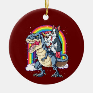 Boston Terrier Unicorn Riding Dinosaur Keramisch Ornament