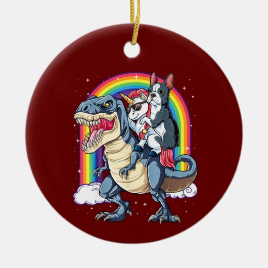 Boston Terrier Unicorn Riding Dinosaur Keramisch Ornament (Voorkant)