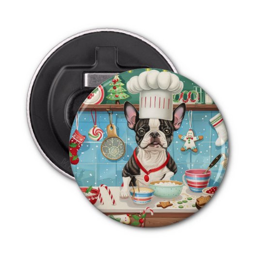 Boston Terrier Vakantie Bakken: Feestelijke Kerstm Button Flesopener (Voorkant)