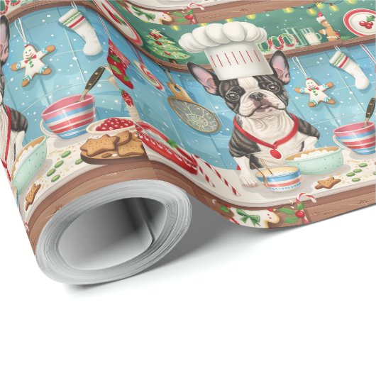 Boston Terrier Vakantie Bakken: Feestelijke Kerstm Cadeaupapier (Rol Hoek)