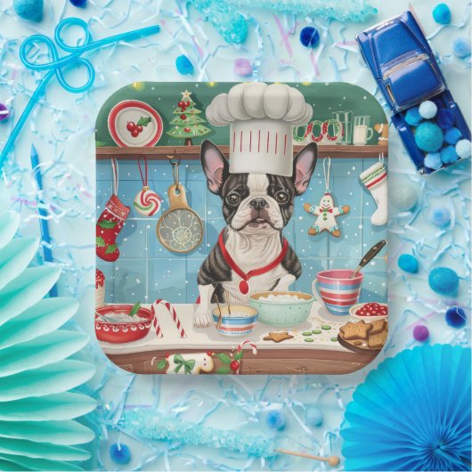 Boston Terrier Vakantie Bakken: Feestelijke Kerstm Papieren Bordje (Feest)