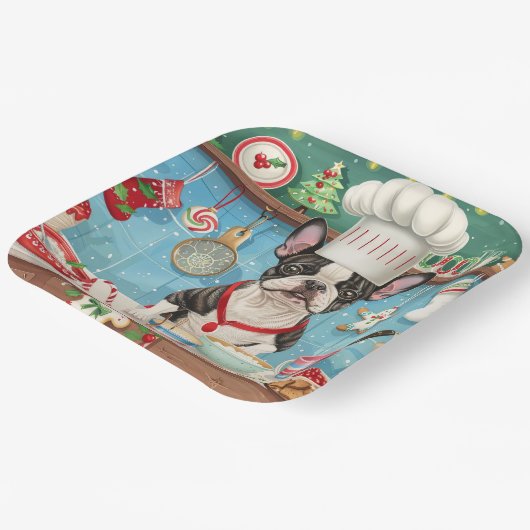 Boston Terrier Vakantie Bakken: Feestelijke Kerstm Papieren Bordje (Gebogen)
