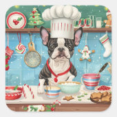 Boston Terrier Vakantie Bakken: Feestelijke Kerstm Vierkante Sticker (Voorkant)
