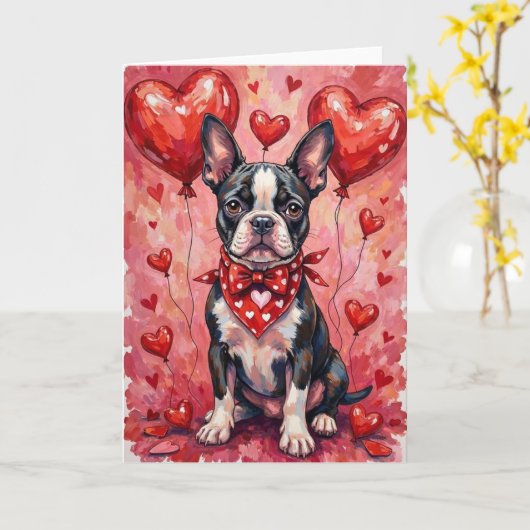 Boston Terrier Valentine’s Day Dog with Hearts Red Kaart (Gele Bloem)
