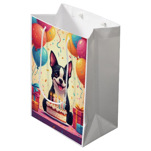 Boston Terrier Verjaardagsfeest Medium Cadeauzakje (Voorkant Gekanteld)