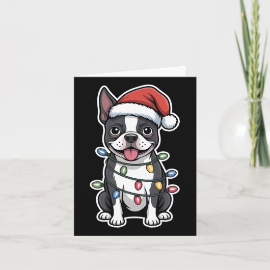 Boston Terrier verpakt in kerstverlichting Kaart (Voorkant)