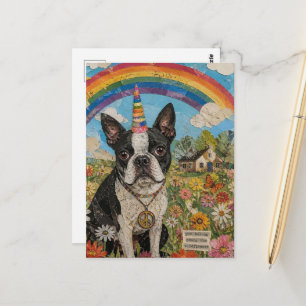Boston Terrier Vredes Eenhoorn in Wilde Bloemen Briefkaart