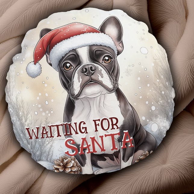 Boston Terrier wacht op Waterverf Santa Dog Rond Kussen (Personalize this Boston Terrier Waiting For Santa Dog Watercolor Round Pillow with your message.)