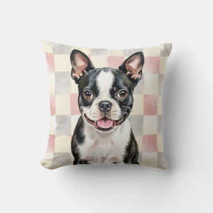 Boston Terrier Watercolor Schachbrettpatroon Kunst Kussen