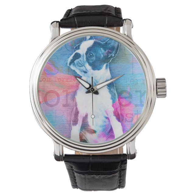 Boston Terrier Waterverf Digital Art Horloge (Voorkant)