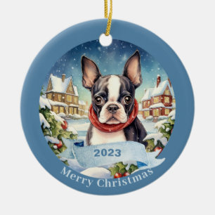 Boston Terrier Waterverf Hondenkerst Keramisch Ornament