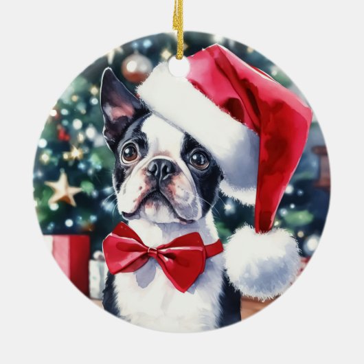 Boston Terrier Waterverf Kerstmis Keramisch Ornament (Achterkant)