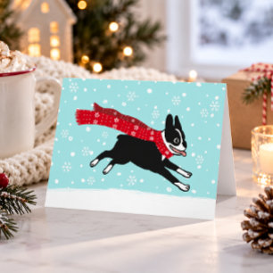Boston Terrier Winter Sneeuw Hond Gelukkig Kerst Feestdagen Kaart