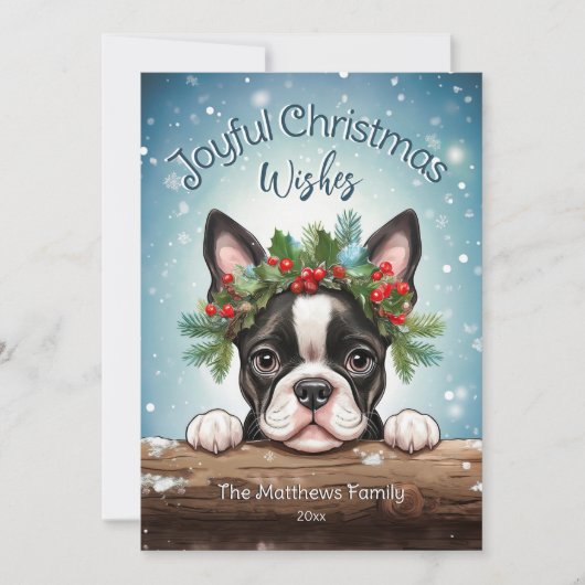 Boston Terrier Winter Wonderland vreugdevolle Kers Feestdagenkaart (Voorkant)