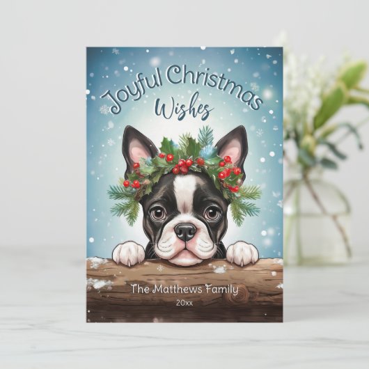 Boston Terrier Winter Wonderland vreugdevolle Kers Feestdagenkaart (Staand voorkant)