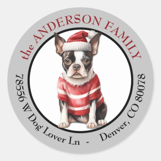 Boston Terrier Winterjas Retouradres Ronde Sticker (Voorkant)