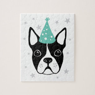 Boston terrier with party hat and stars legpuzzel