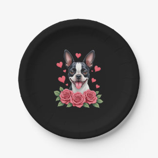 Boston Terrier with Red Roses Hearts Valentine�s D Papieren Bordje
