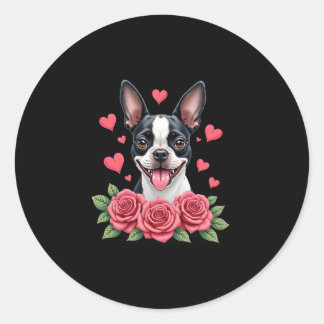 Boston Terrier with Red Roses Hearts Valentine�s D Ronde Sticker