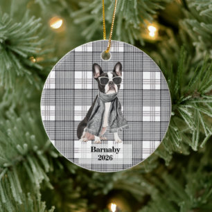 Boston Terrier Zwart Wit Geruit Gepersonaliseerde Keramisch Ornament