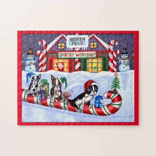 Boston Terriers Candy Cane Santa Kerstman Legpuzzel (Horizontaal)