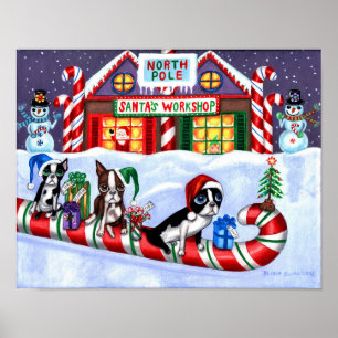 Boston Terriers Candy Cane Santa Kerstman Poster
