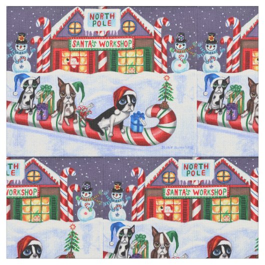 Boston Terriers Candy Cane Santa Kerstman Stof (Close Up)