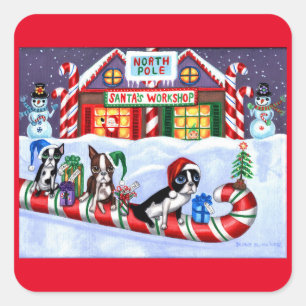 Boston Terriers Candy Cane Santa Kerstman Vierkante Sticker