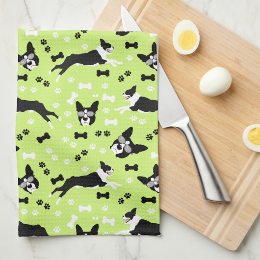 Boston Terriers Green Dog Pattern Theedoek (Quarter Fold)