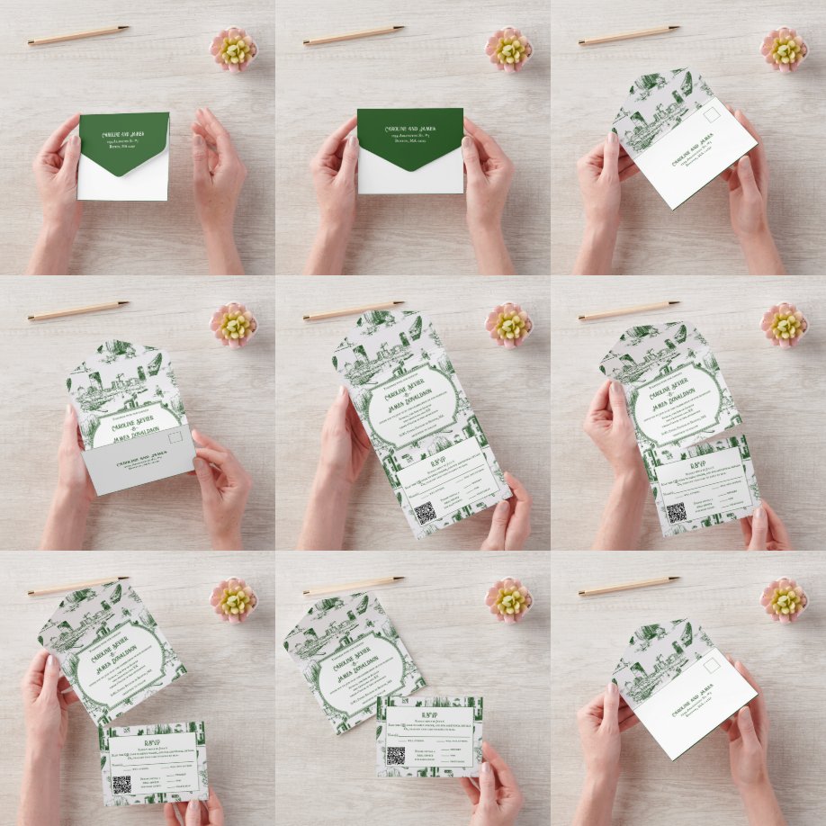 Boston Toile Forest Green AllinOne bruiloft uitnod All In One Uitnodiging