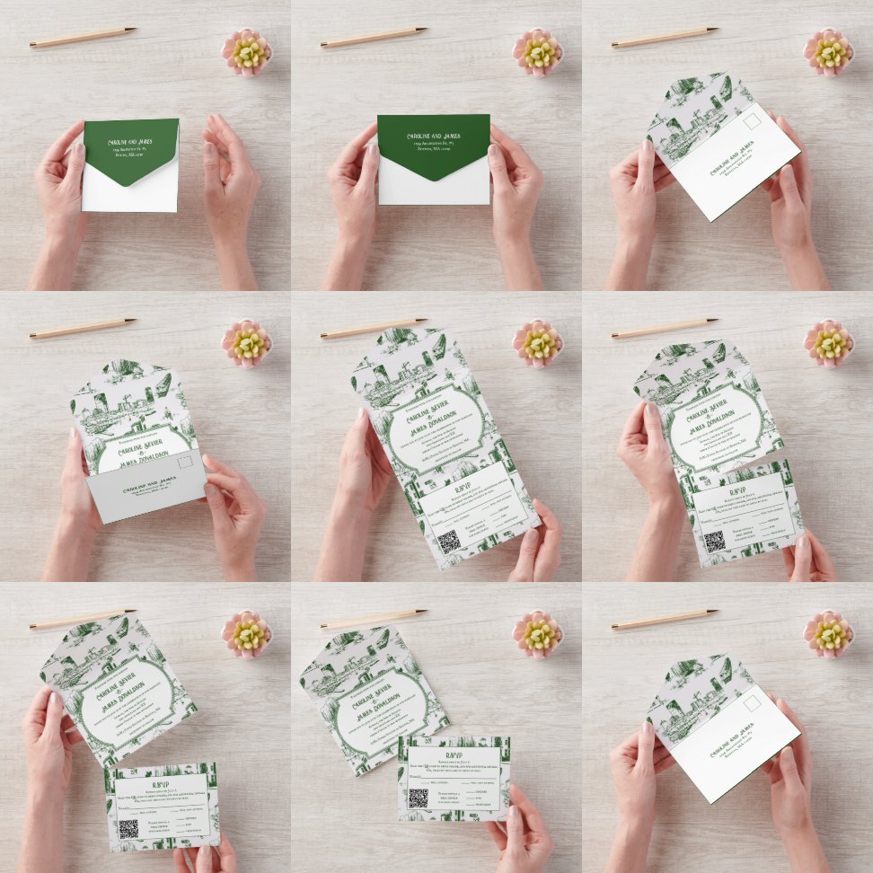 Boston Toile Forest Green AllinOne bruiloft uitnod All In One Uitnodiging