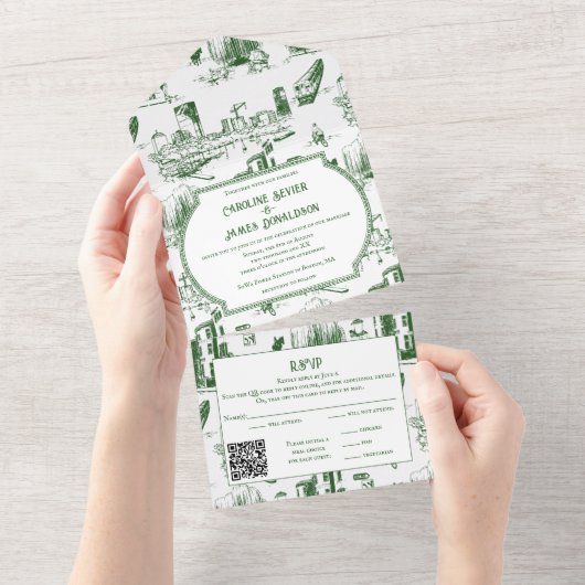 Boston Toile Forest Green AllinOne bruiloft uitnod All In One Uitnodiging (Afscheurbaar)