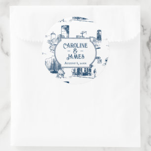 Boston Toile Navy bruiloft gepersonaliseerde 3" St Ronde Sticker