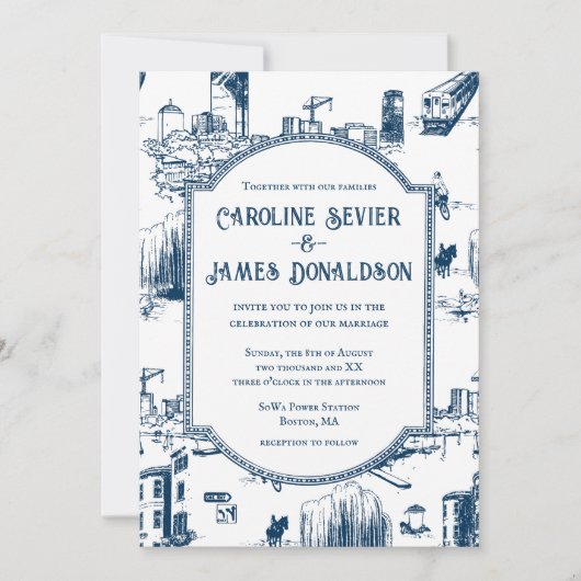 Boston Toile Navy bruiloft uitnodiging (Voorkant)
