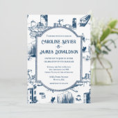 Boston Toile Navy bruiloft uitnodiging (Staand voorkant)