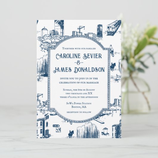 Boston Toile Navy bruiloft uitnodiging (Staand voorkant)