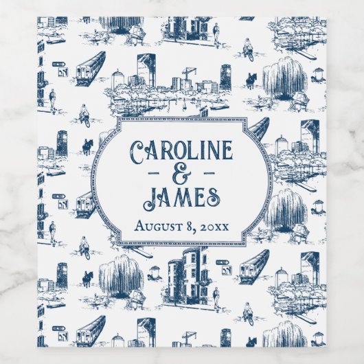 Boston Toile Navy gepersonaliseerde bruiloft wijn  Wijn Etiket (Enkel label)