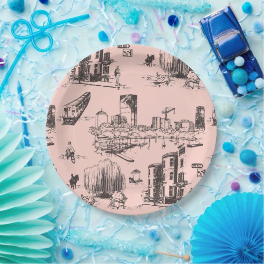 Boston Toile Roze en Zwart Papieren Bordje (Feest)