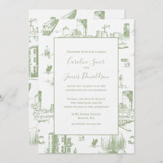 Boston Toile Sage Green Huwelijksuitnodiging Kaart (Voorkant / Achterkant)