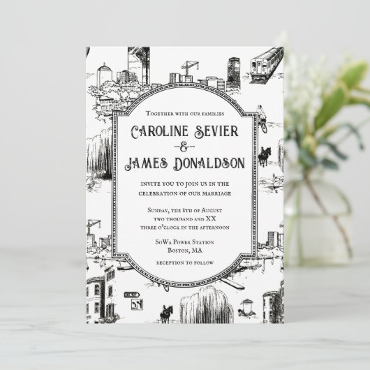 Boston Toile Wedding Uitnodiging (Staand voorkant)