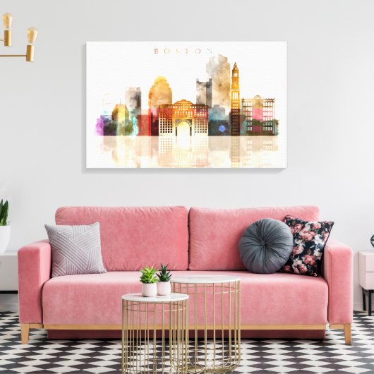 Boston Waterverf skyline art Canvas Afdruk (Insitu (Woonkamer))