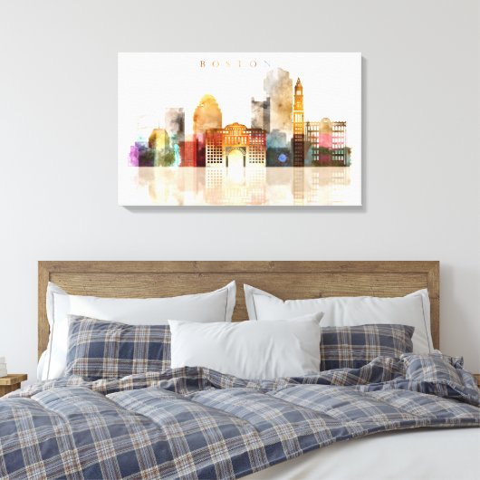Boston Waterverf skyline art Canvas Afdruk (Insitu (Slaapkamer))