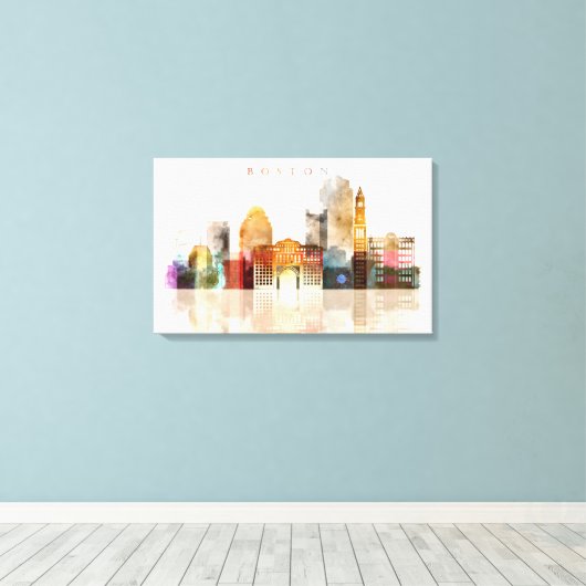 Boston Waterverf skyline art Canvas Afdruk (Insitu (Houten vloer))